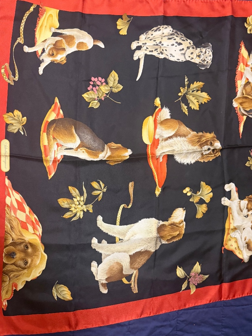 Vintage Salvatore Ferragamo 100% Silk Scarf – Dog Print – Red & Black – Made in